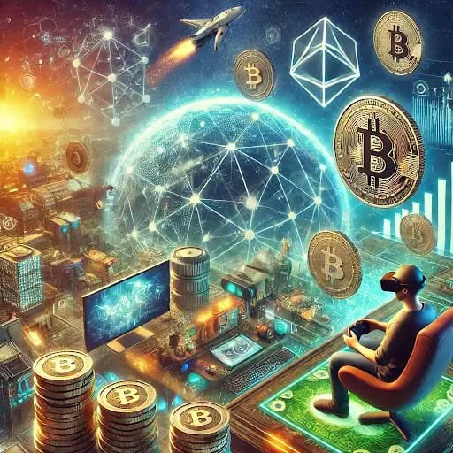 An immersive visual representing the fusion of iGaming, virtual reality, and cryptocurrency, featuring a player in a VR headset alongside digital network spheres and physical Bitcoin coins.