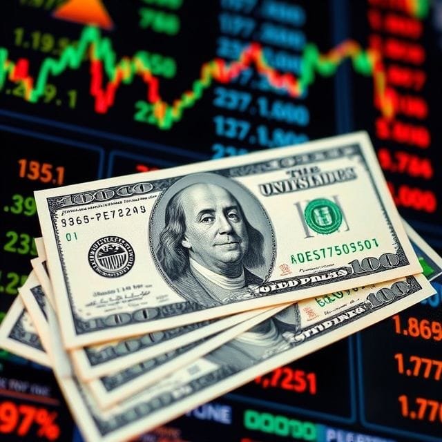 Stack of US 100 dollar bills resting on a digital screen displaying stock market graphs, financial data, and trading tickers.