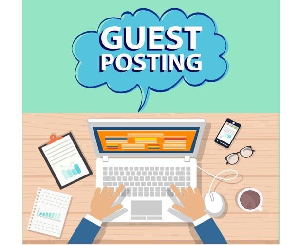 Guest posting and content outreach illustration with laptop and email communication icons