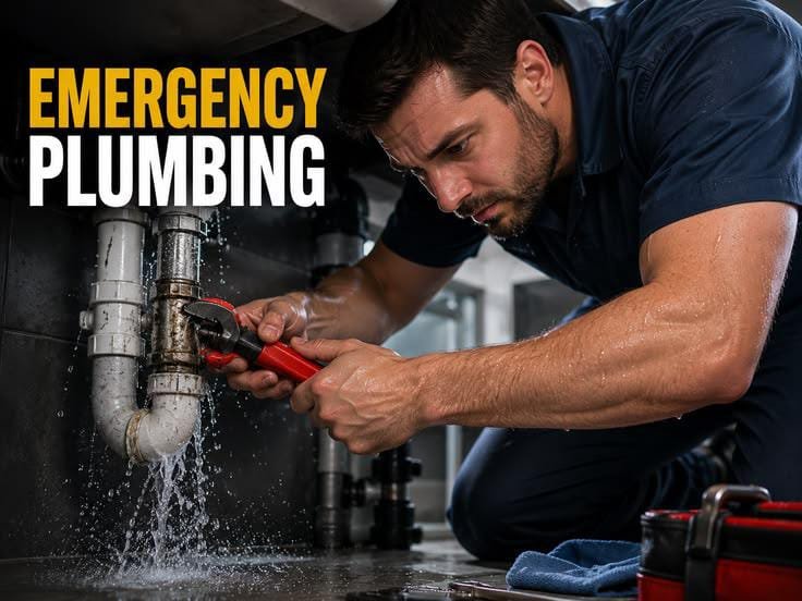 A professional plumber in a blue uniform uses a red pipe wrench to fix a spraying, leaking pipe under a sink, with text reading "EMERGENCY PLUMBING".